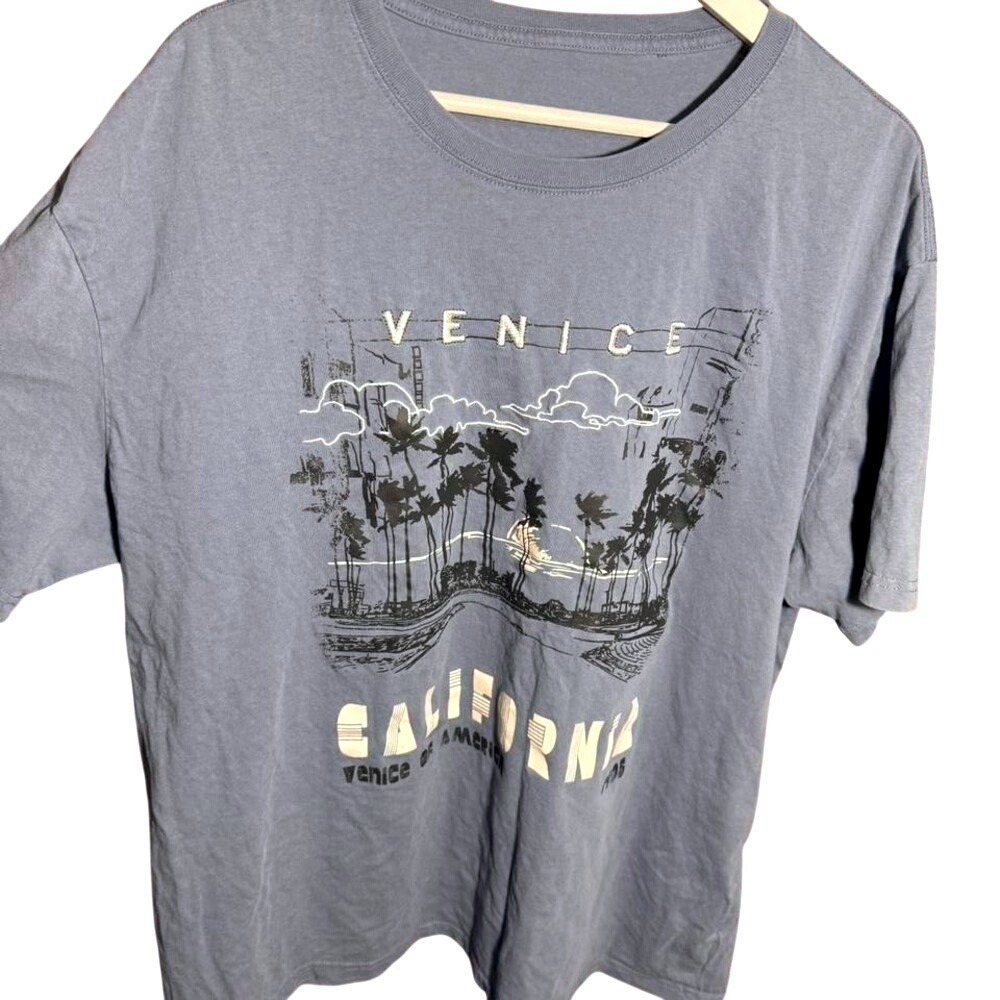 Venice California Graphic‎ T Shirt Blue Palm Tree Beach Vacation Top Womens